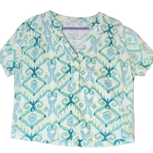 Fresh Produce Women’s Top Green Ikat V‎ Neck Short Sleeves Cotton Sz XL Made USA - Picture 1 of 6